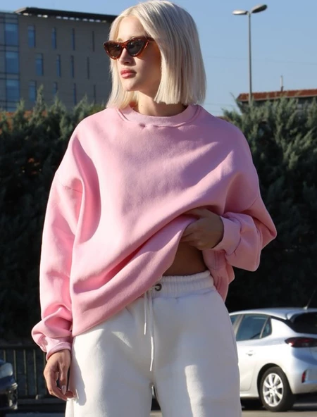 Madmext Pembe Bisiklet Yaka Basic Sweatshirt MG1559