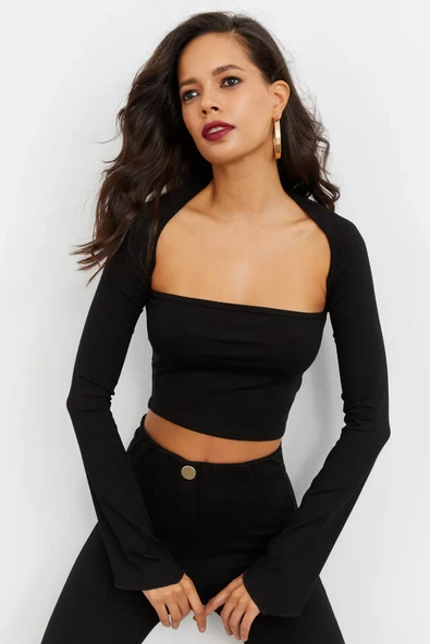Cool & Sexy Kadın Siyah Pencereli Crop Bluz B1905 - 2