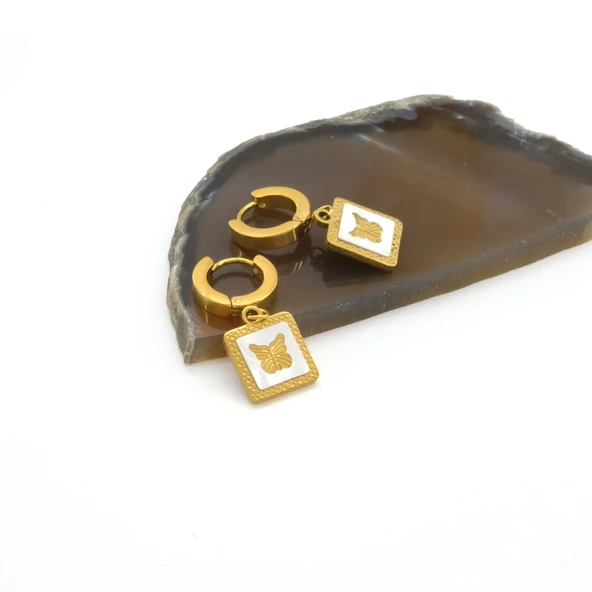 Çelik Sallantılı Küpe Altın Kaplama Kelebekli Model UNK-815 - Resim 3