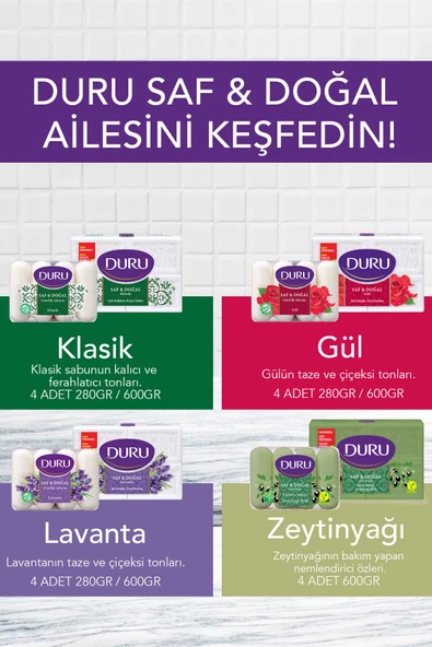 Duru Duru Saf & Doğal Kaynaklı Gül 16 Adet Beyaz Kalıp Sabun 4x600gr - 4