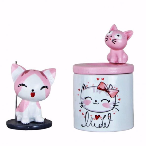 Kedi 2 Li Set Kedi Seramik Kalemlik Kedi Notluk