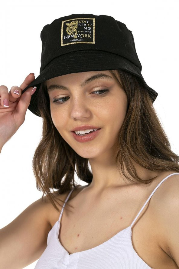 LPODRE Kaplan Armalı Siyah Bucket Kadın Şapka