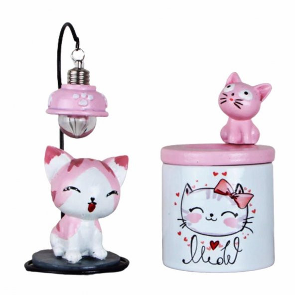 Kedi 2 Li Set Kedi Işıklı Biblo Kedi Seramik Kalemlik
