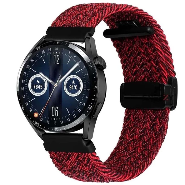 Huawei Watch GT2 Elite-Sport-Classic 46mm-GT2 Pro 22mm FiberLink Manyetik Tokalı Kumaş Örgü Kordon  Kırmızı Koyu