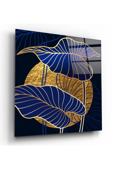 Mavi Gold Çiçekler Dekoratif ve Modern Cam Tablo ürün görseli 1