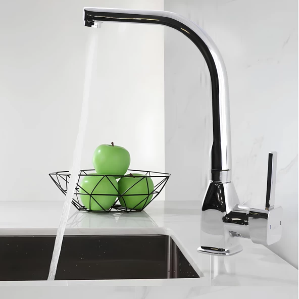 Jetta Uzun Kuğu Batarya Krom Lavabo Banyo Mutfak Musluğu Musluk Mermer Tezgah Üstü Çift Su Giriş Evye - 2