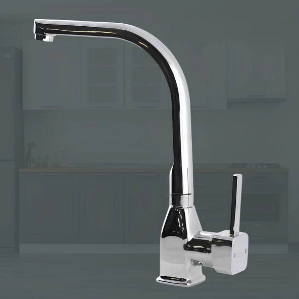 Jetta Uzun Kuğu Batarya Krom Lavabo Banyo Mutfak Musluğu Musluk Mermer Tezgah Üstü Çift Su Giriş Evye - 5