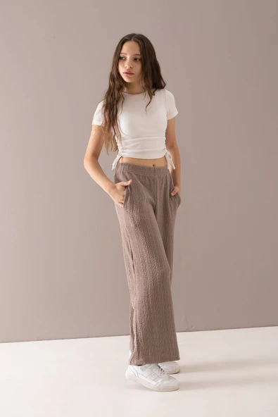 Krem Geniş Paça Desenli Kız Çocuk Pantolon 19790 - 2