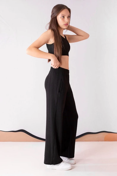 Siyah Geniş Paça Desenli Kız Çocuk Pantolon 19747 - 3