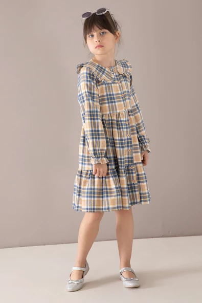 Lacivert Ekose Desenli Düğmeli Uzun Kol Kız Çocuk Elbise 19807 - 6