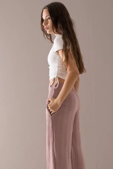 Gül Kurusu Geniş Paça Desenli Kız Çocuk Pantolon 19789 - 5