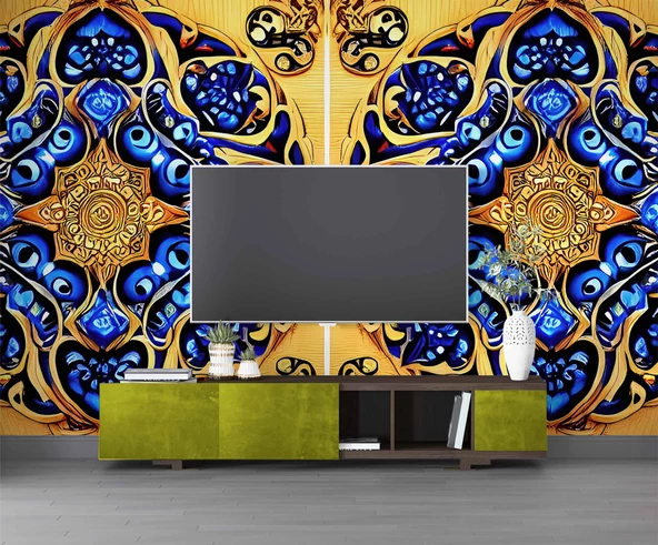 Sarı Lacivert Mandala Desenli Duvar Kağıdı - 3