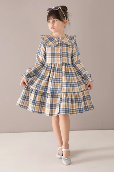 Lacivert Ekose Desenli Düğmeli Uzun Kol Kız Çocuk Elbise 19807 - 4