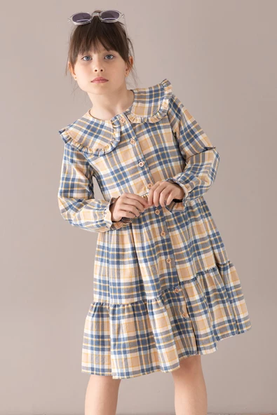 Lacivert Ekose Desenli Düğmeli Uzun Kol Kız Çocuk Elbise 19807