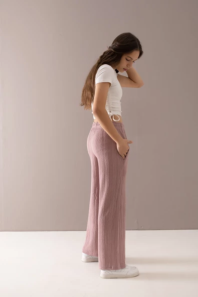 Gül Kurusu Geniş Paça Desenli Kız Çocuk Pantolon 19789 - 4