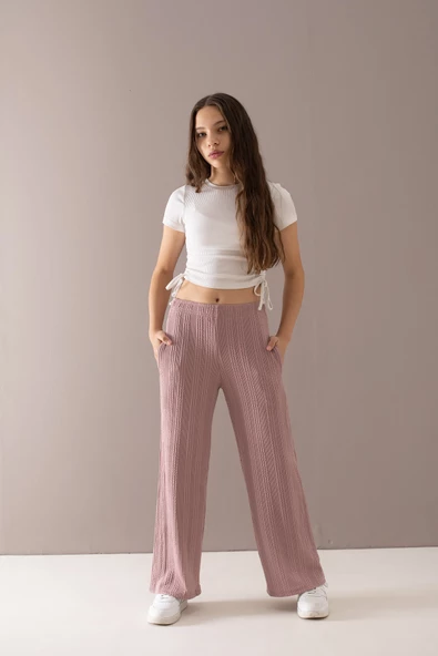 Gül Kurusu Geniş Paça Desenli Kız Çocuk Pantolon 19789 - 2