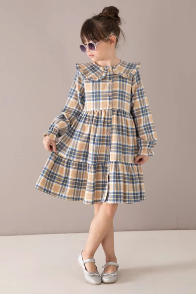 Lacivert Ekose Desenli Düğmeli Uzun Kol Kız Çocuk Elbise 19807 - 2