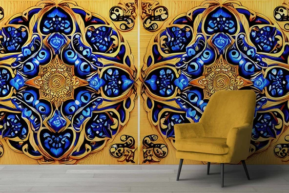 Sarı Lacivert Mandala Desenli Duvar Kağıdı - 6