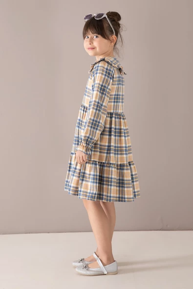 Lacivert Ekose Desenli Düğmeli Uzun Kol Kız Çocuk Elbise 19807 - 5