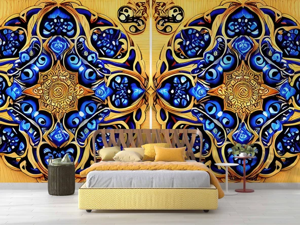 Sarı Lacivert Mandala Desenli Duvar Kağıdı - 2
