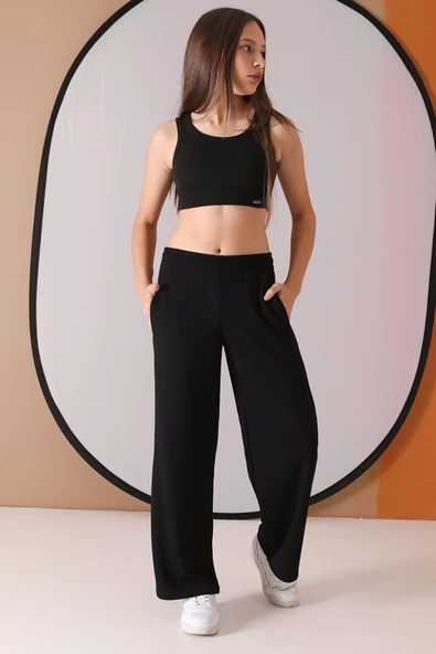 Siyah Geniş Paça Kesim Basic Kız Çocuk Pantolon 19744 - 3