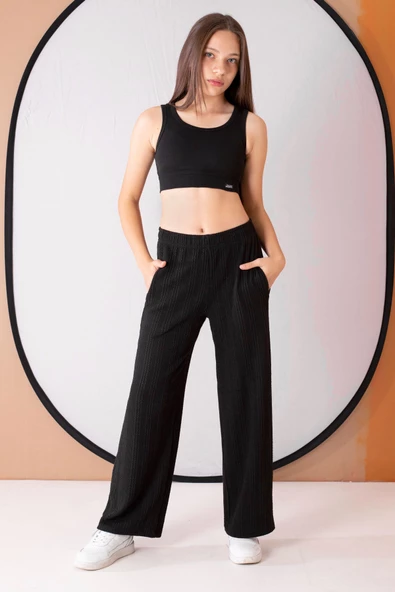 Siyah Geniş Paça Desenli Kız Çocuk Pantolon 19747 - 2