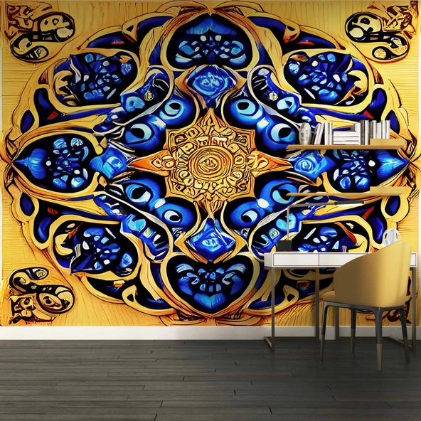 Sarı Lacivert Mandala Desenli Duvar Kağıdı - 4