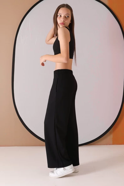 Siyah Geniş Paça Kesim Basic Kız Çocuk Pantolon 19744 - 2