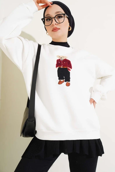 Ayıcık Nakış Üç İplik Sweatshirt Beyaz - 1