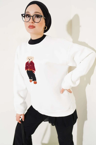 Ayıcık Nakış Üç İplik Sweatshirt Beyaz - Resim 2
