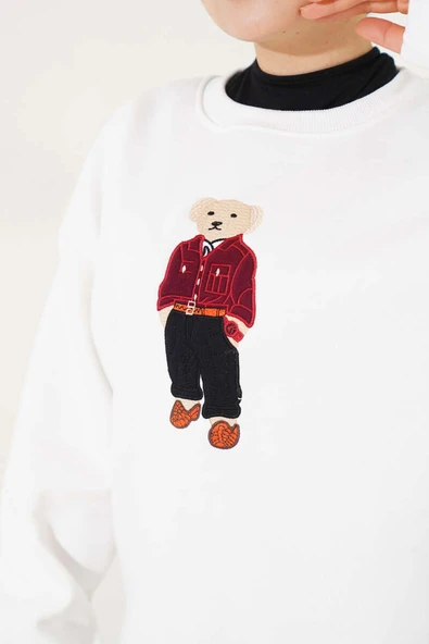 Ayıcık Nakış Üç İplik Sweatshirt Beyaz - 4