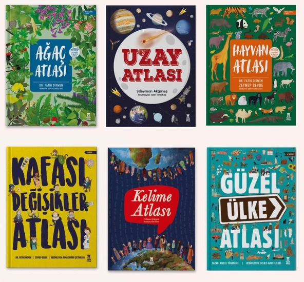 Atlas Seti 6 Kitap (Uzay Atlası +Hayvan Atlası + Kelime Atlası + Kafası Değişikler Atlası + Ağaç Atlası + Güzel Ülke Atlası)