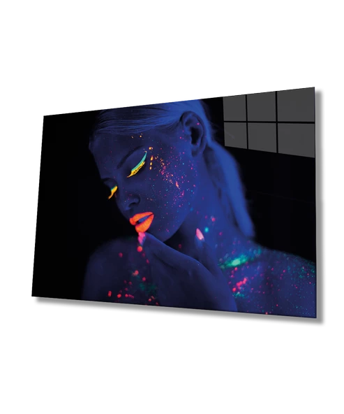 Yeşil Sarı Turuncu Mor Parıltılı Kadın Dekoratif ve Modern Cam Tablo ürün görseli 1