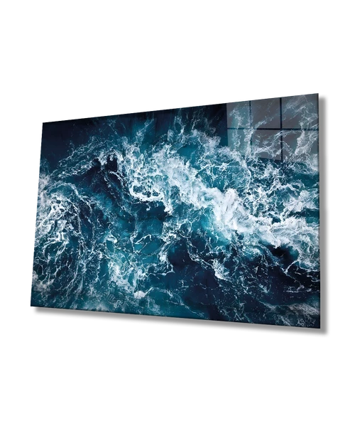 Mavi Deniz Dalgası Soyut Dekoratif ve Modern Cam Tablo Ev ve Ofis Duvar Dekoru ürün görseli 1