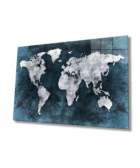 Gri Eskitme Dünya Haritası Dekoratif ve Modern Cam Tablo ürün görseli 1