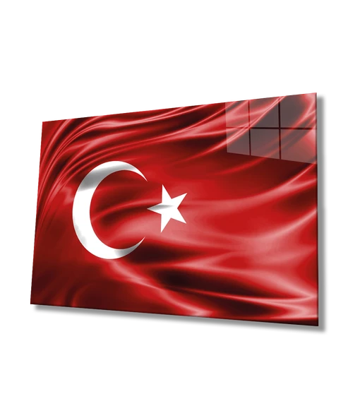 Kırmızı Dalgalı Türk Bayrağı Dekoratif ve Modern Cam Tablo Ev ve Ofis Duvar Dekoru