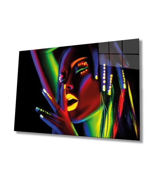 Yeşil Sarı Kırmızı Mor Parıltılı Kadın Dekoratif ve Modern Cam Tablo ürün görseli