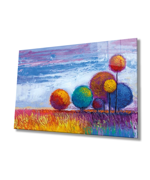 Renkli Ağaçlar Doğa Dekoratif ve Modern Cam Tablo Ev ve Ofis Duvar Dekoru ürün görseli 1