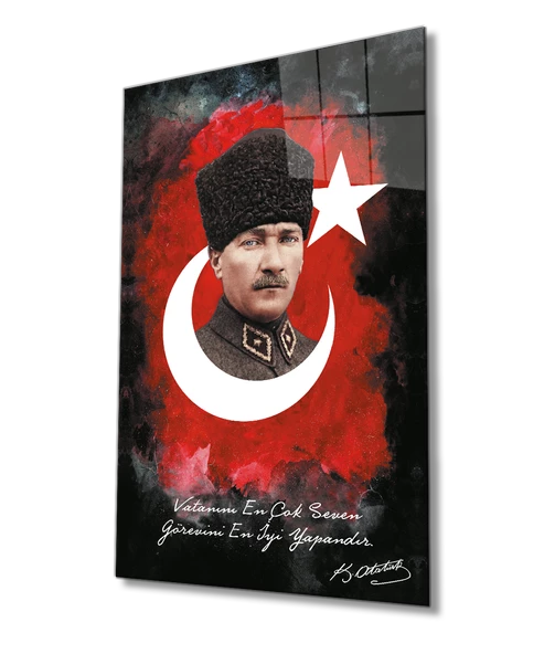 Vatanını En Çok Seven Görevini En İyi Yapandır Atatürk Türk Bayrağı Dekoratif ve Modern Cam Tablo