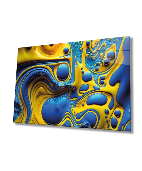 Mavi Sarı Soyut Dekoratif ve Modern Cam Tablo Ev ve Ofis Duvar Dekoru ürün görseli 1
