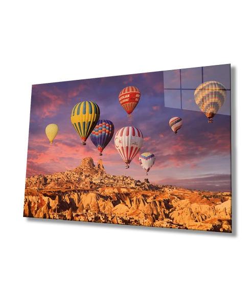 Uçan Balonlar Kapadokya Dekoratif ve Modern Cam Tablo Ev ve Ofis Duvar Dekoru