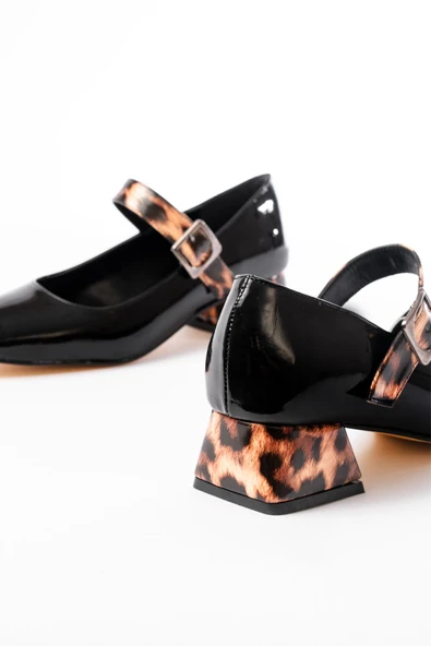 Siyah Leopar Rugan Günlük 4 cm Topuklu Bayan Ayakkabı - Resim 5