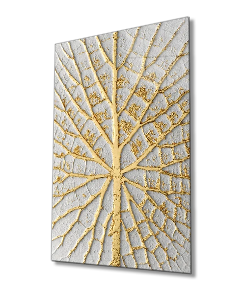 Soyut Beyaz Altın Ağaç Dekoratif ve Modern Cam Tablo Ev ve Ofis Duvar Dekoru ürün görseli
