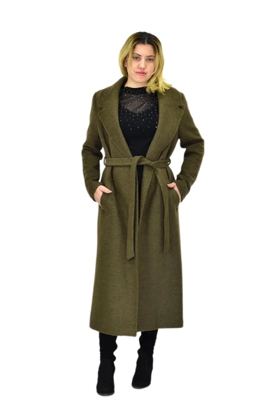 Kadın Uzun Kemerli Kaşe Kaban BGL-ST04065 - Resim 9