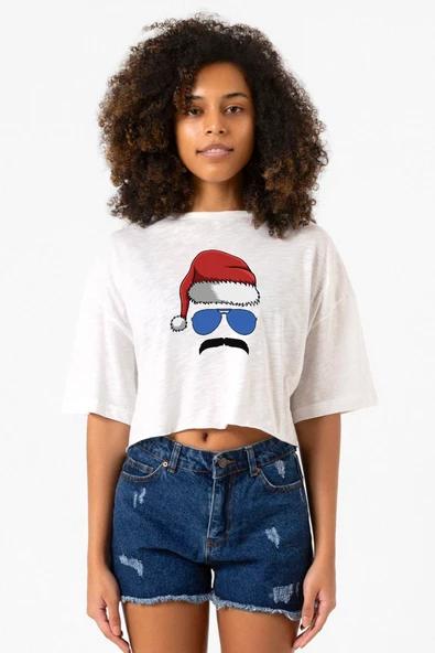 Mustache Christmas Hero Beyaz Kırçıllı Kadın Crop Tshirt ürün görseli 1