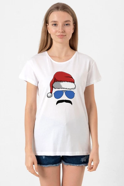 Mustache Christmas Hero Beyaz Kadın Bisikletyaka Tshirt