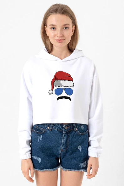Mustache Christmas Hero Beyaz Optik Kadın Crop Kapşonlu - Resim 2