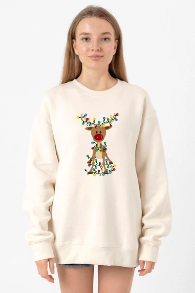 Adorable Reindeer Christmas Ekru Kadın 2ip Sweatshirt ürün görseli