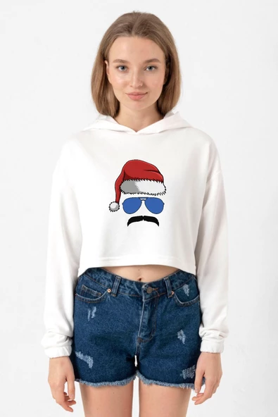 Mustache Christmas Hero Ekru Kadın Crop Kapşonlu