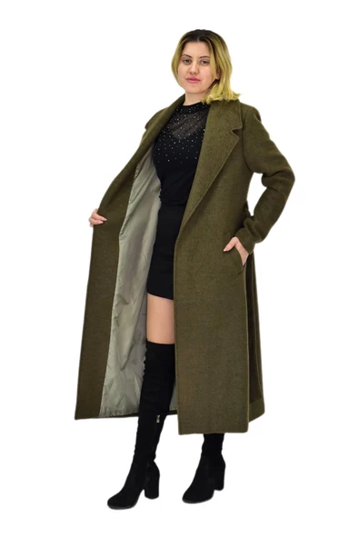 Kadın Uzun Kemerli Kaşe Kaban BGL-ST04065 - Resim 7